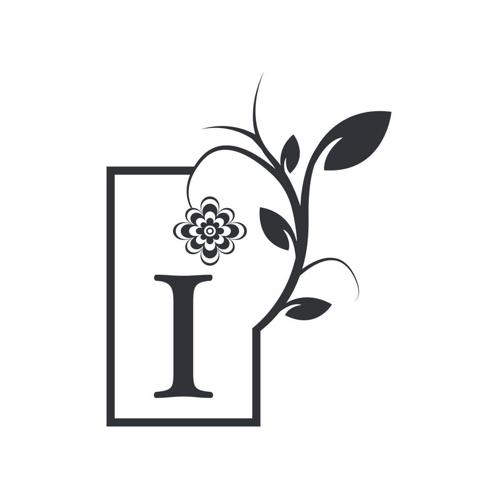 Elegant I Luxury Logo Square Frame Badge. Floral with Flowers Leaves. Perfect for Fashion, Jewelry, Beauty Salon, Cosmetics, Spa, Boutique, Wedding, Letter Stamp, Hotel and Restaurant Logo. vector