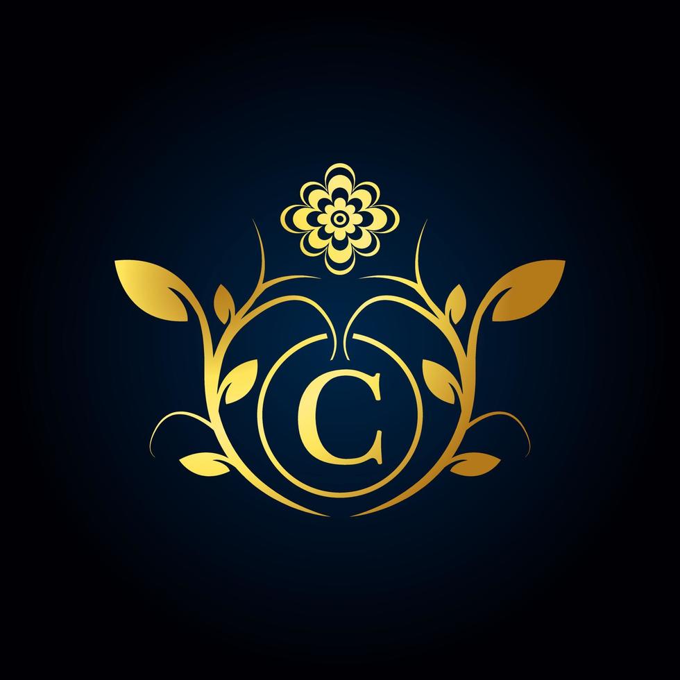 elegante logotipo de lujo c. logotipo del alfabeto floral dorado con hojas de flores. perfecto para moda, joyería, salón de belleza, cosméticos, spa, boutique, boda, sello de carta, logotipo de hotel y restaurante. vector