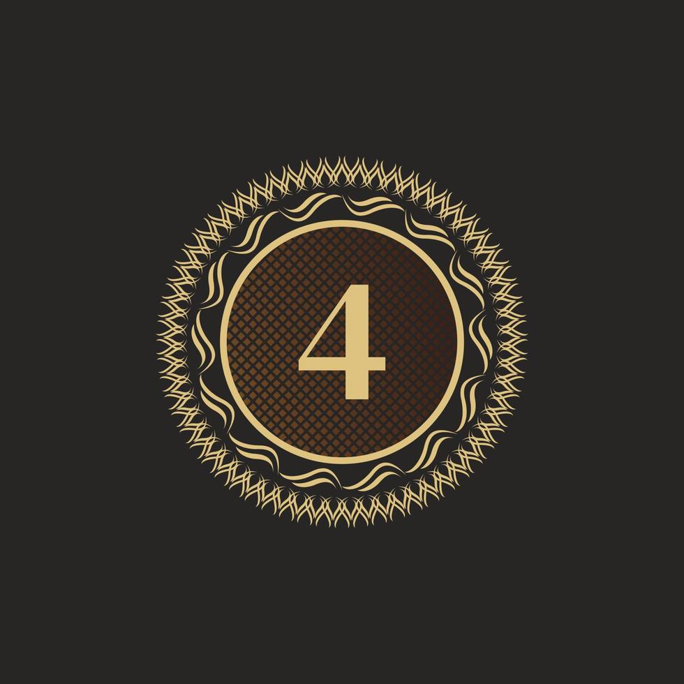 Emblem Number 4 Gold Monogram Design. Luxury Volumetric Logo Template. 3D Line Ornament for Business Sign, Badge, Crest, Label, Boutique Brand, Hotel, Restaurant, Heraldic. Vector Illustration