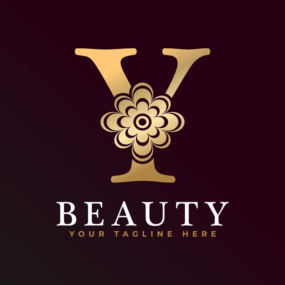 Elegant Y Luxury Logo. Golden Floral Alphabet Logo with Flowers Leaves. Perfect for Fashion, Jewelry, Beauty Salon, Cosmetics, Spa, Boutique, Wedding, Letter Stamp, Hotel and Restaurant Logo. vector