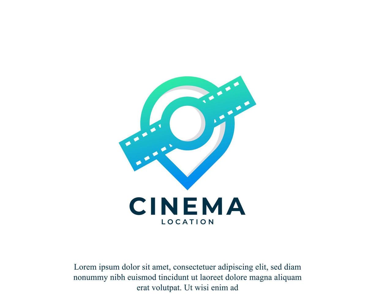 Map Pin Location with Camera Reel Stripes Filmstrip Logo. Film location glyph icon Vector