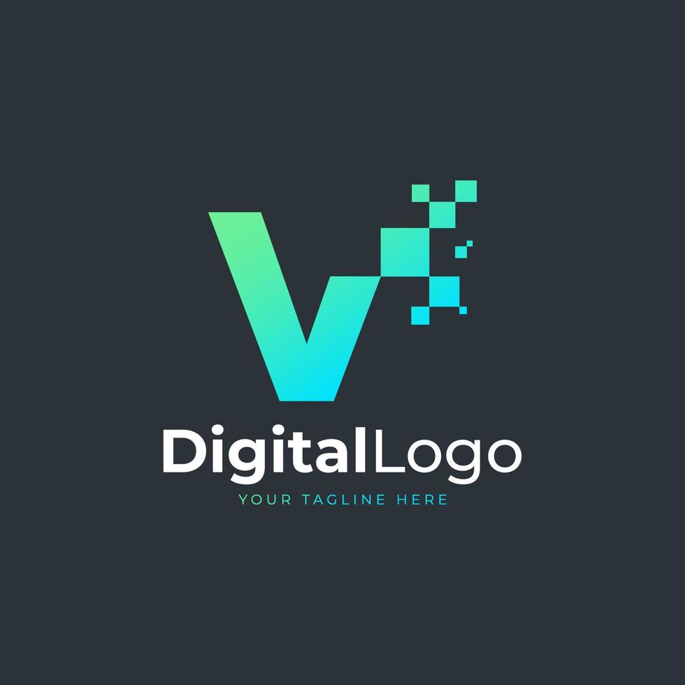 logotipo de la letra v de tecnología. forma geométrica azul y verde con puntos de píxeles cuadrados. utilizable para logotipos de negocios y tecnología. elemento de plantilla de ideas de diseño. vector