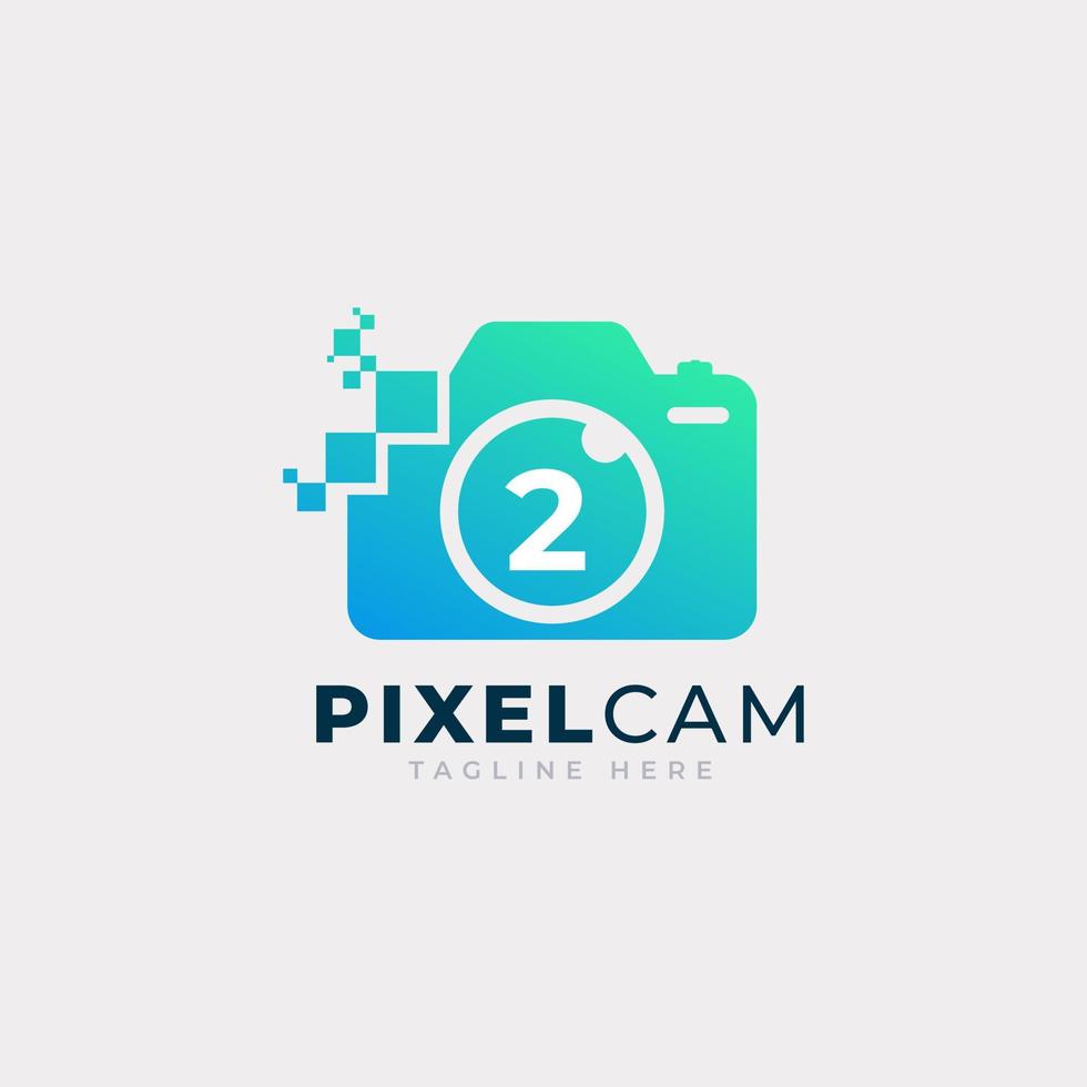 Number 2 Inside Camera Photo Pixel Technology Logo Design Template vector