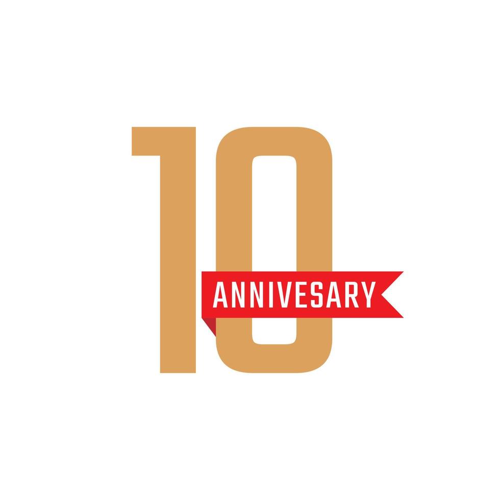 Celebración del aniversario de 10 años con vector de cinta roja. saludo de feliz aniversario celebra ilustración de diseño de plantilla