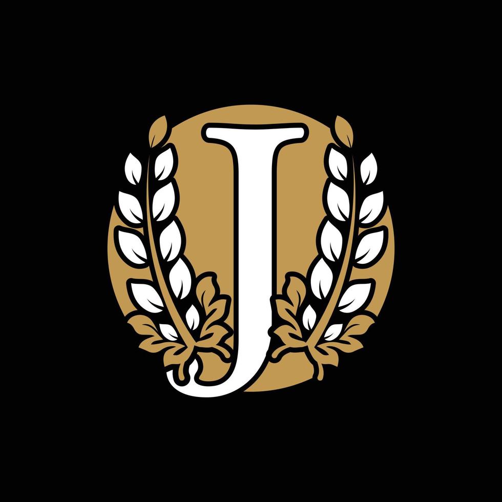letra inicial j monograma vinculado corona de laurel dorado con logotipo circular. diseño elegante para restaurante, café, marca, placa, etiqueta, identidad de lujo vector