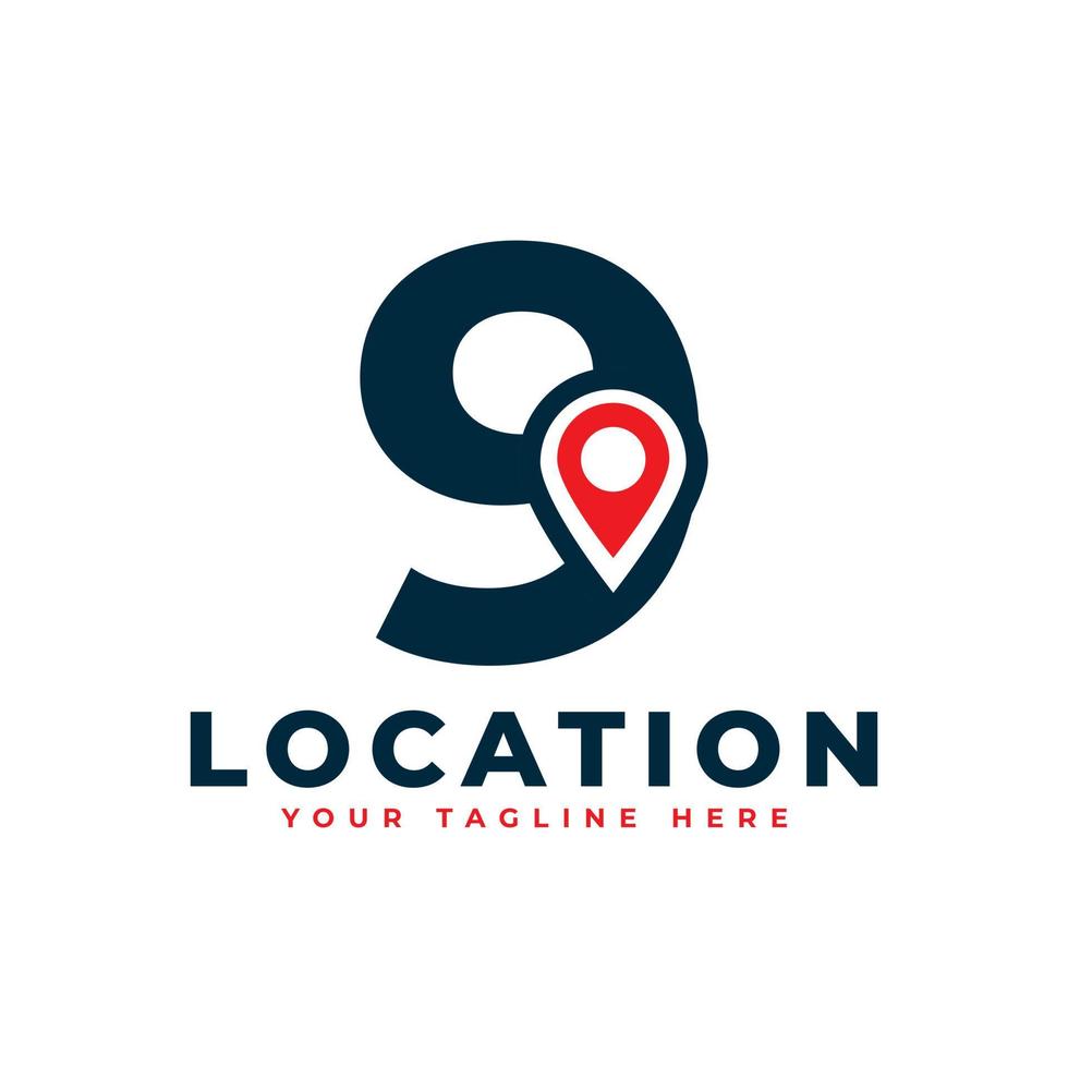 Elegant Number 9 Geotag or Location Symbol Logo. Red Shape Point Location Icon. Usable for Business and Technology Logos. Flat Vector Logo Design Ideas Template Element.