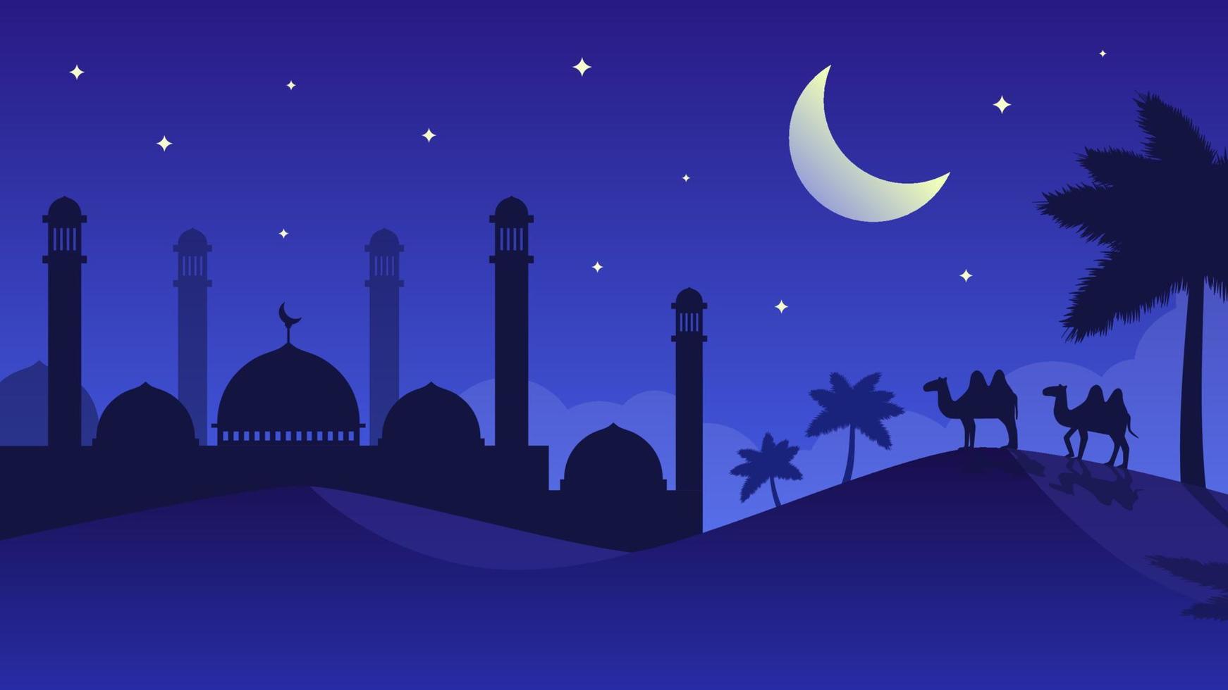 Desert and Mosque Background with Palm Trees and Camel vector