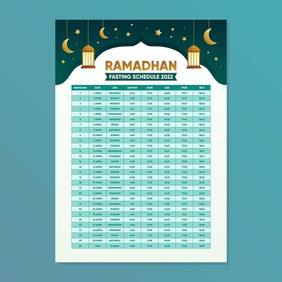 calendario del mes de ayuno de ramadán 2022 vector