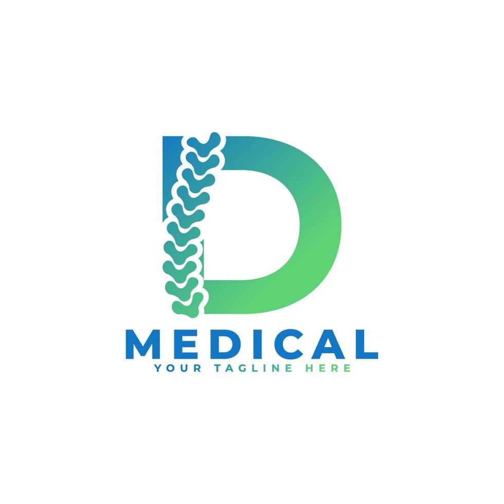 letra d con el logotipo de la columna vertebral del icono. utilizable para logotipos comerciales, científicos, sanitarios, médicos, hospitalarios y naturales. vector