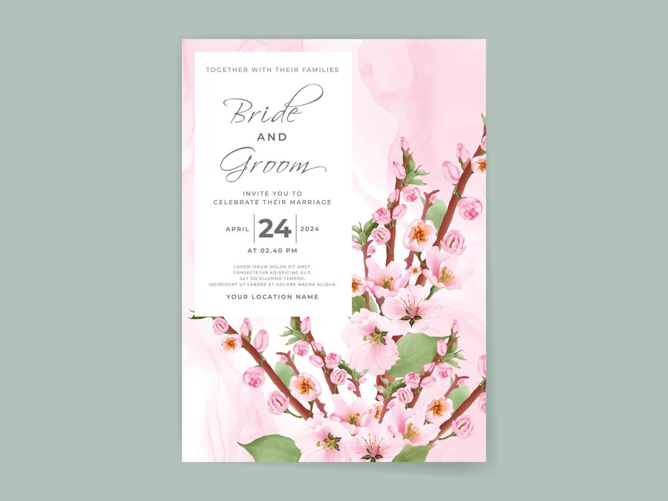 Beautiful soft pink sakura wedding invitation card template vector