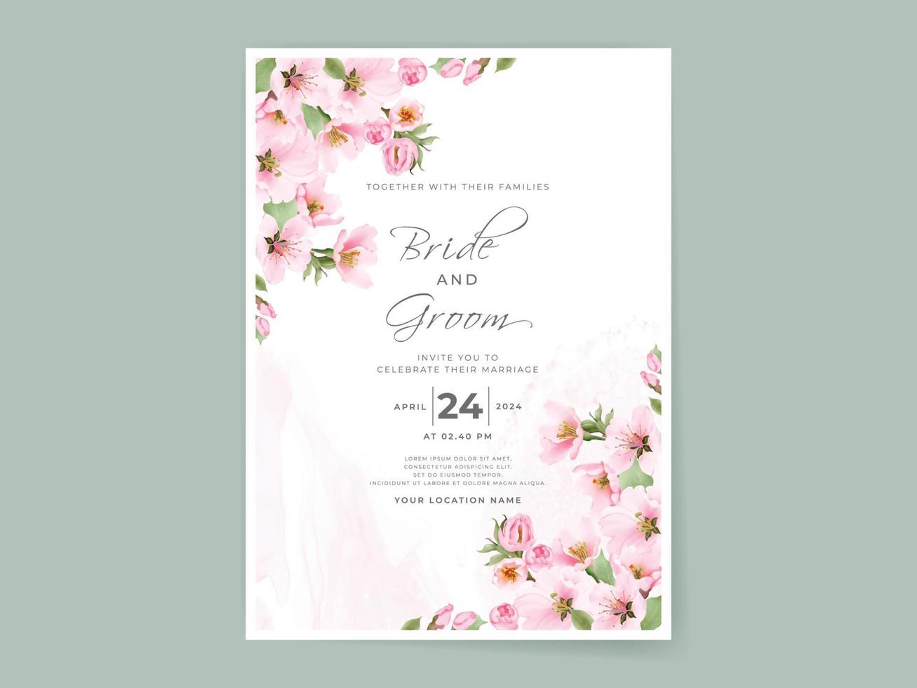 Beautiful soft pink sakura wedding invitation card template vector