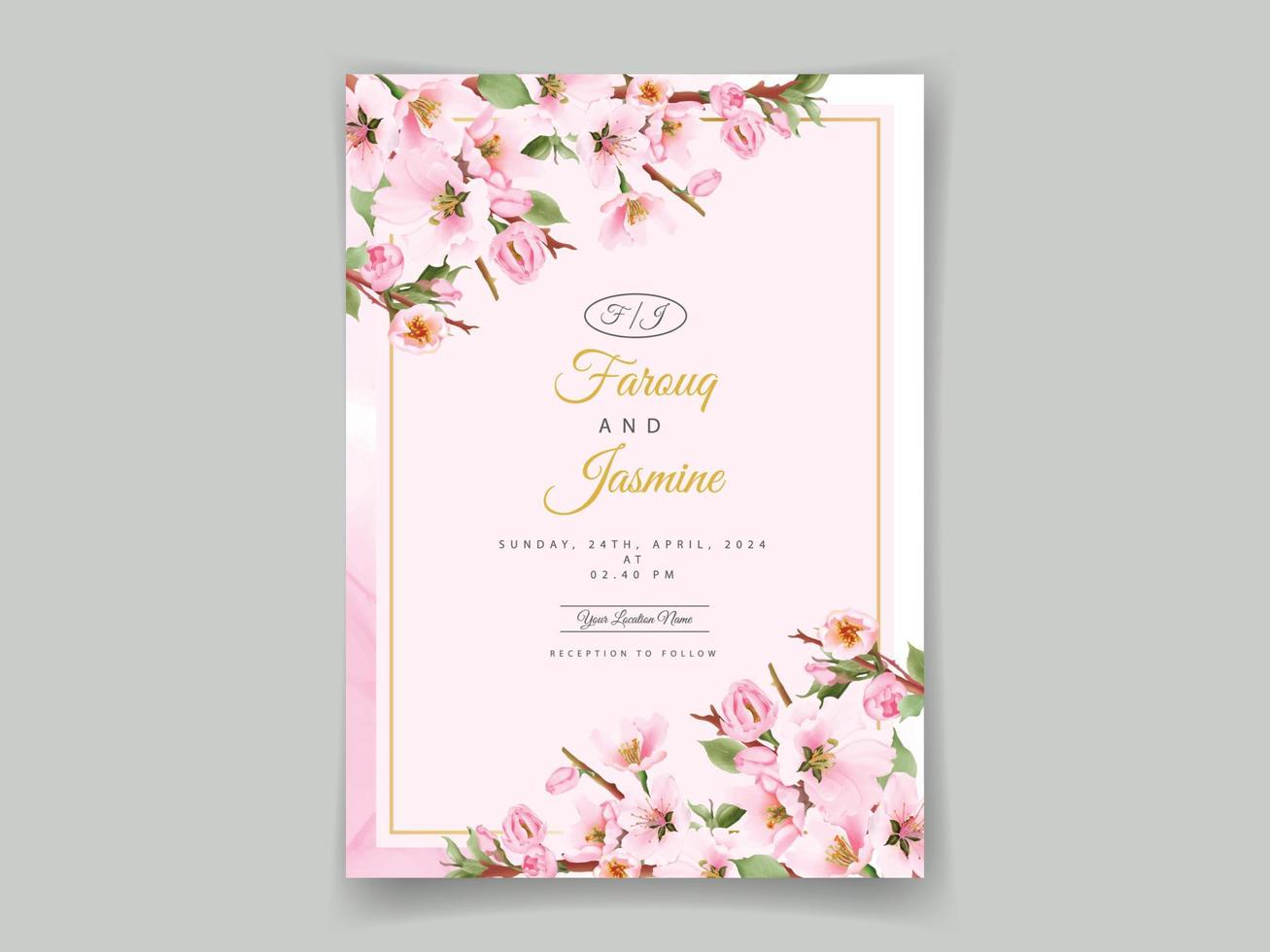 Pink cherry blossom wedding invitations vector