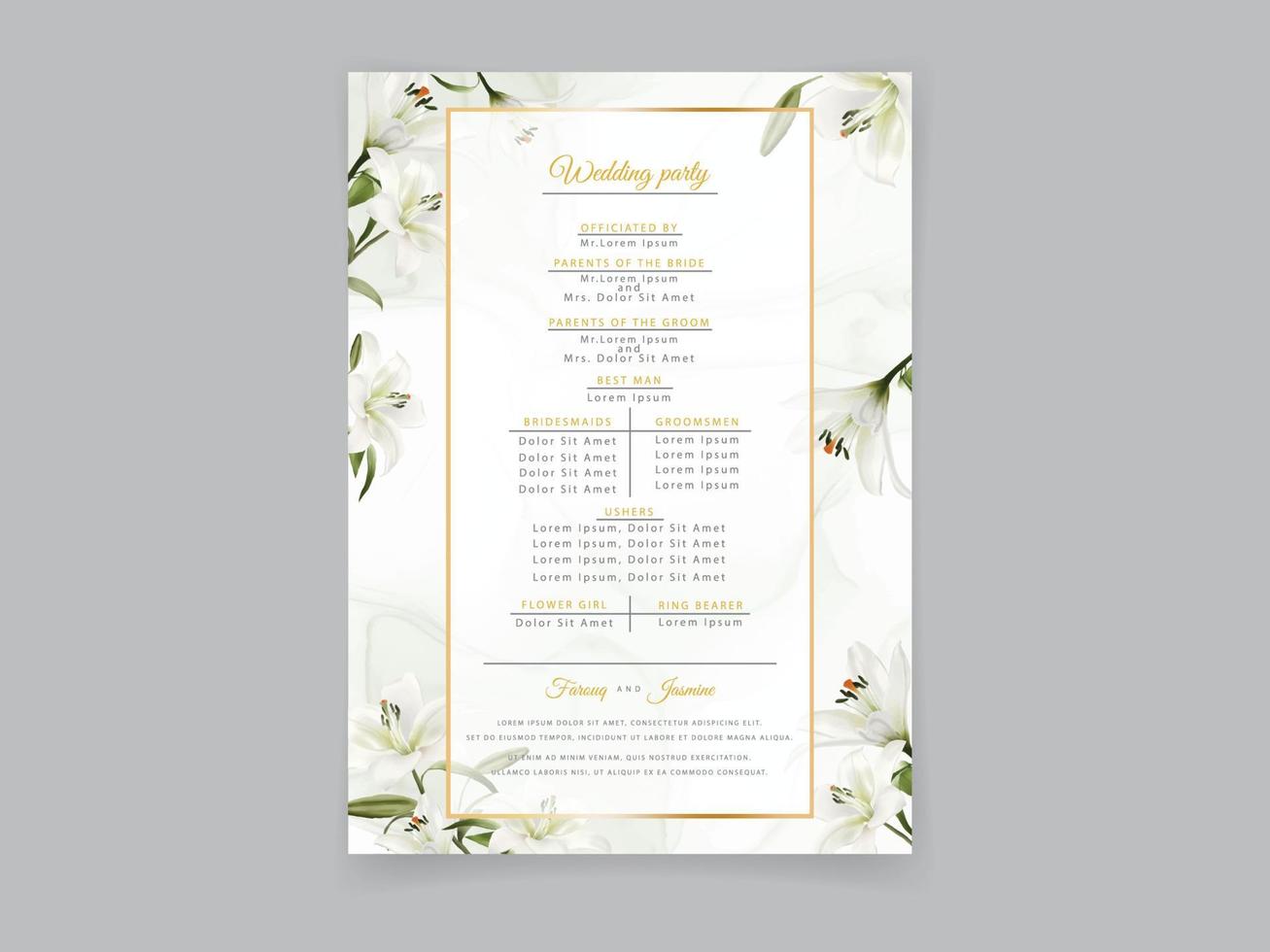 White Lily wedding invitation card set vector