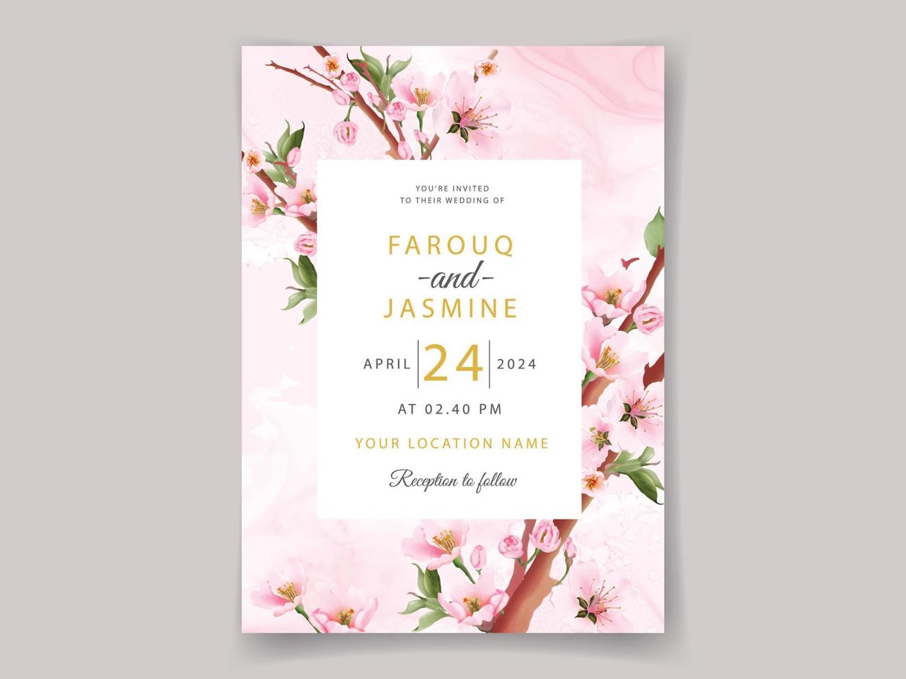 Pink cherry blossom wedding invitations vector