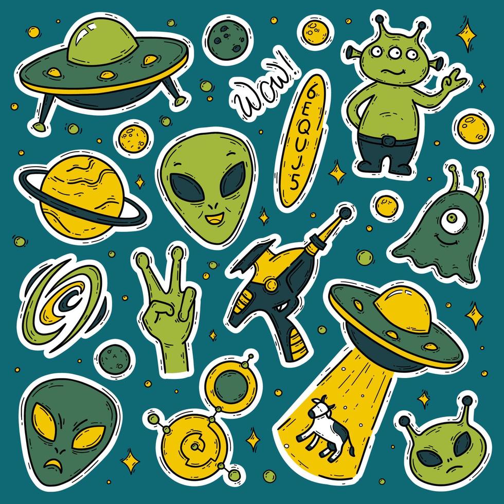 Aliens, unidentified flying object UFO set of vector icons in doodle cartoon style. Funny green creatures in space. Cow abduction, blaster gun and crop circles.