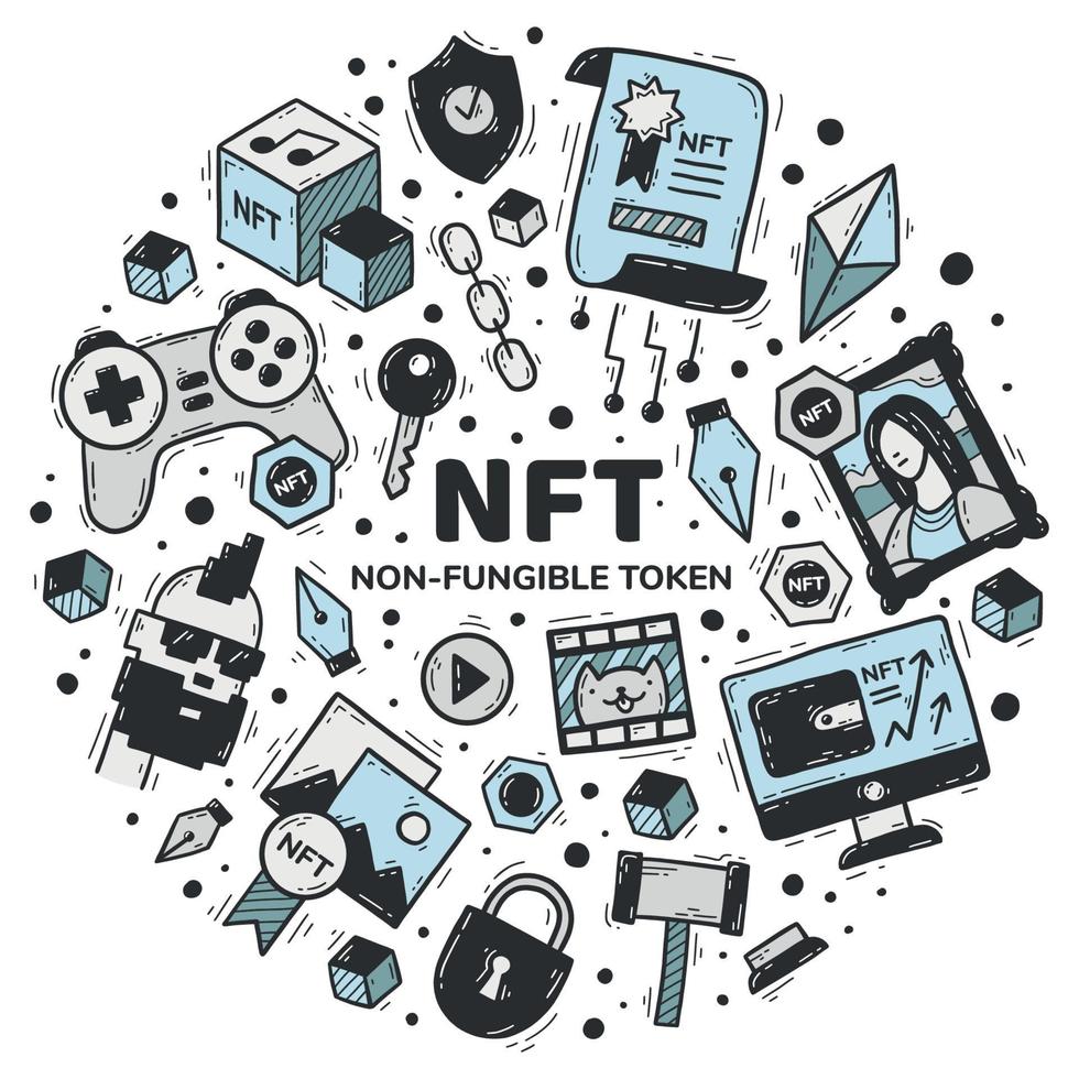 NFT non-fungible token set of vector icons in doodle style. Cryptocurrency and blockchain technology in the purchase of art, paintings, music and videos. Hand-drawn blue circular concept.