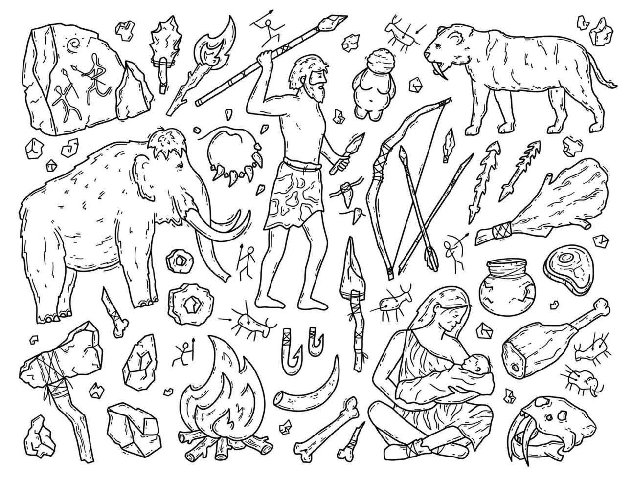 Cavemen and Neanderthals in the Stone Age, vector doodle set of icons. Ancient prehistoric people hunt mammoths and tigers. Tools and rock paintings. Paleontology and anthropology cartoon symbols.