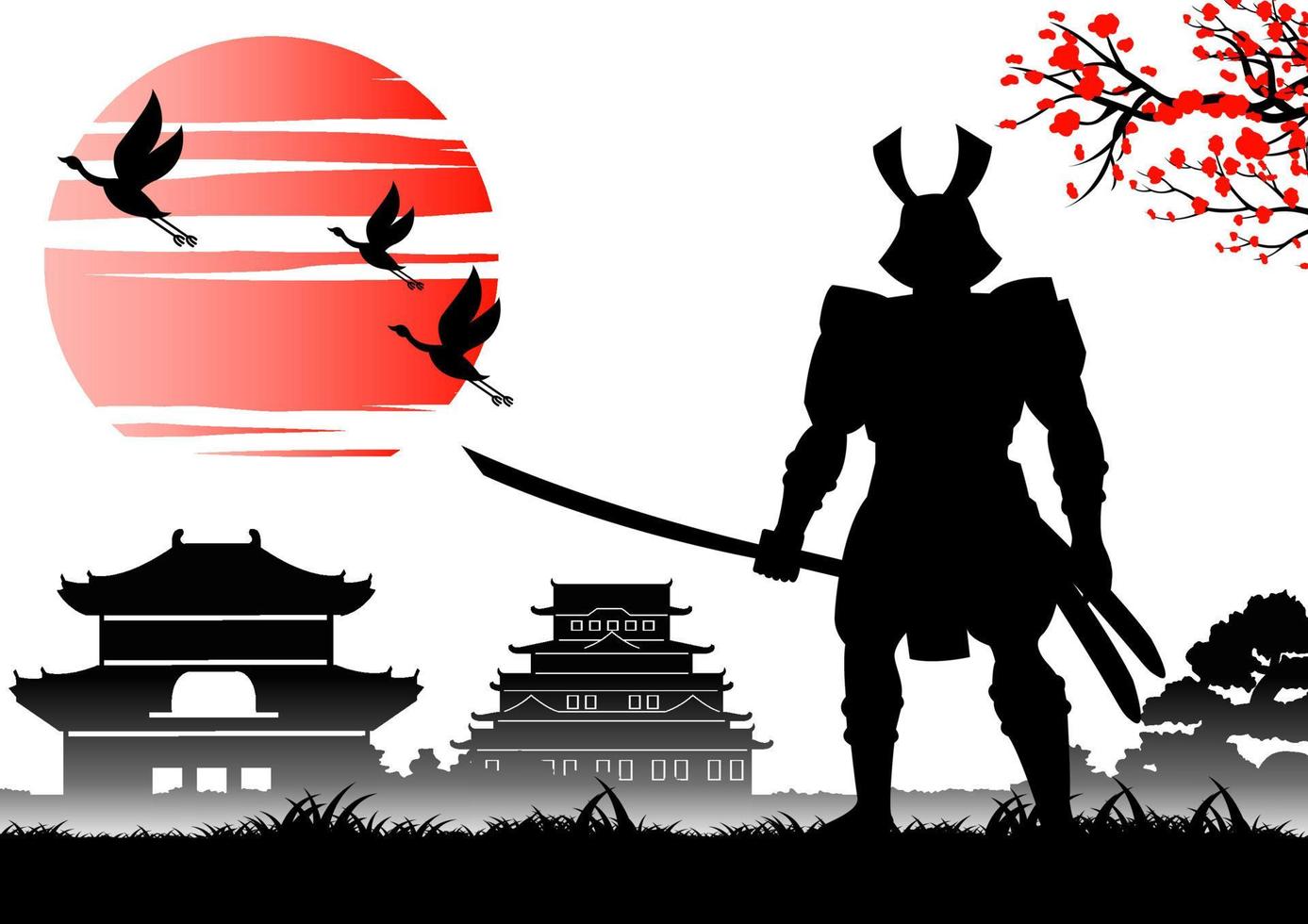 arte japonés con diseño antiguo de samurai sosteniendo espada cerca del castillo del emperador vector