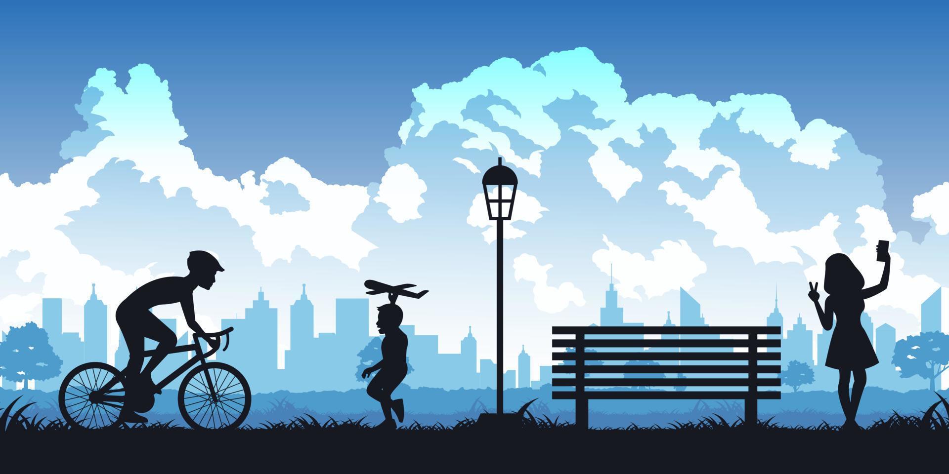 Silhouette of activities of people in park man ride bicycle,boy play plane toy and woman selfie vector