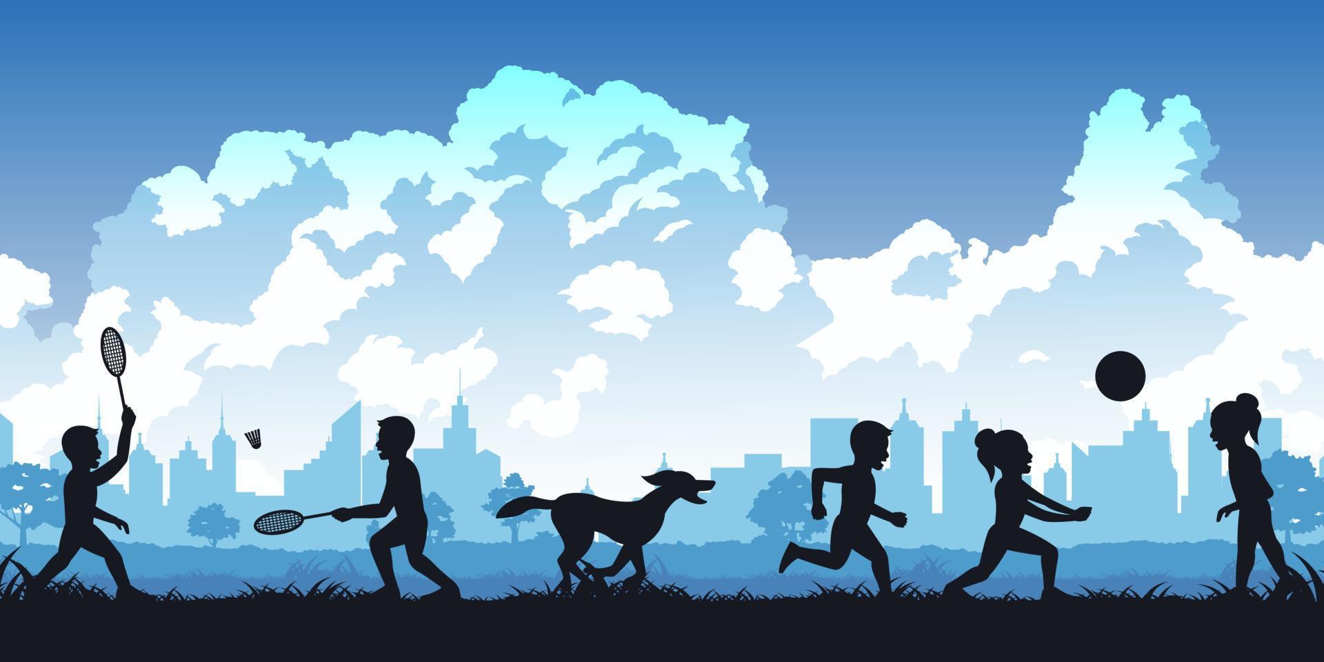 Silhouette of activities of people in park children play sports and a boy play with a dog vector