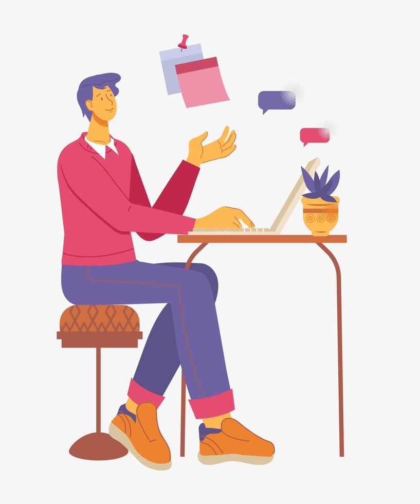Man sits at desk and working or communicating via laptop, flat vector illustration. Cartoon male character of office worker or executive person at workspace.