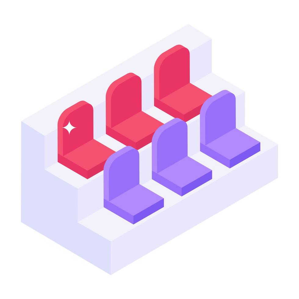 Sports audience sitting chairs, isometric icon of stadium seats vector