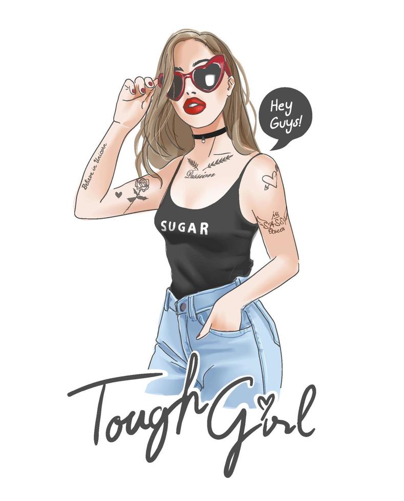 tough girl slogan with tattooed girl in sunglasses illustration vector