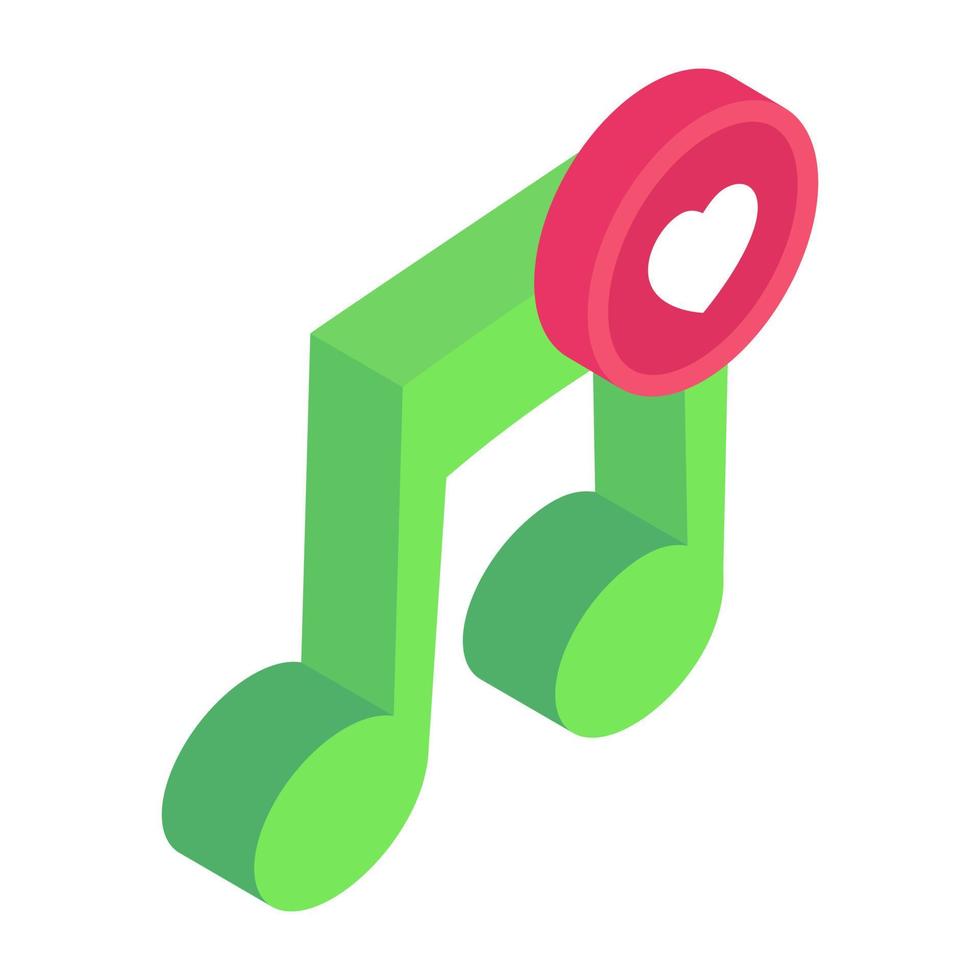 Heart over music note, isometric icon of romantic music vector