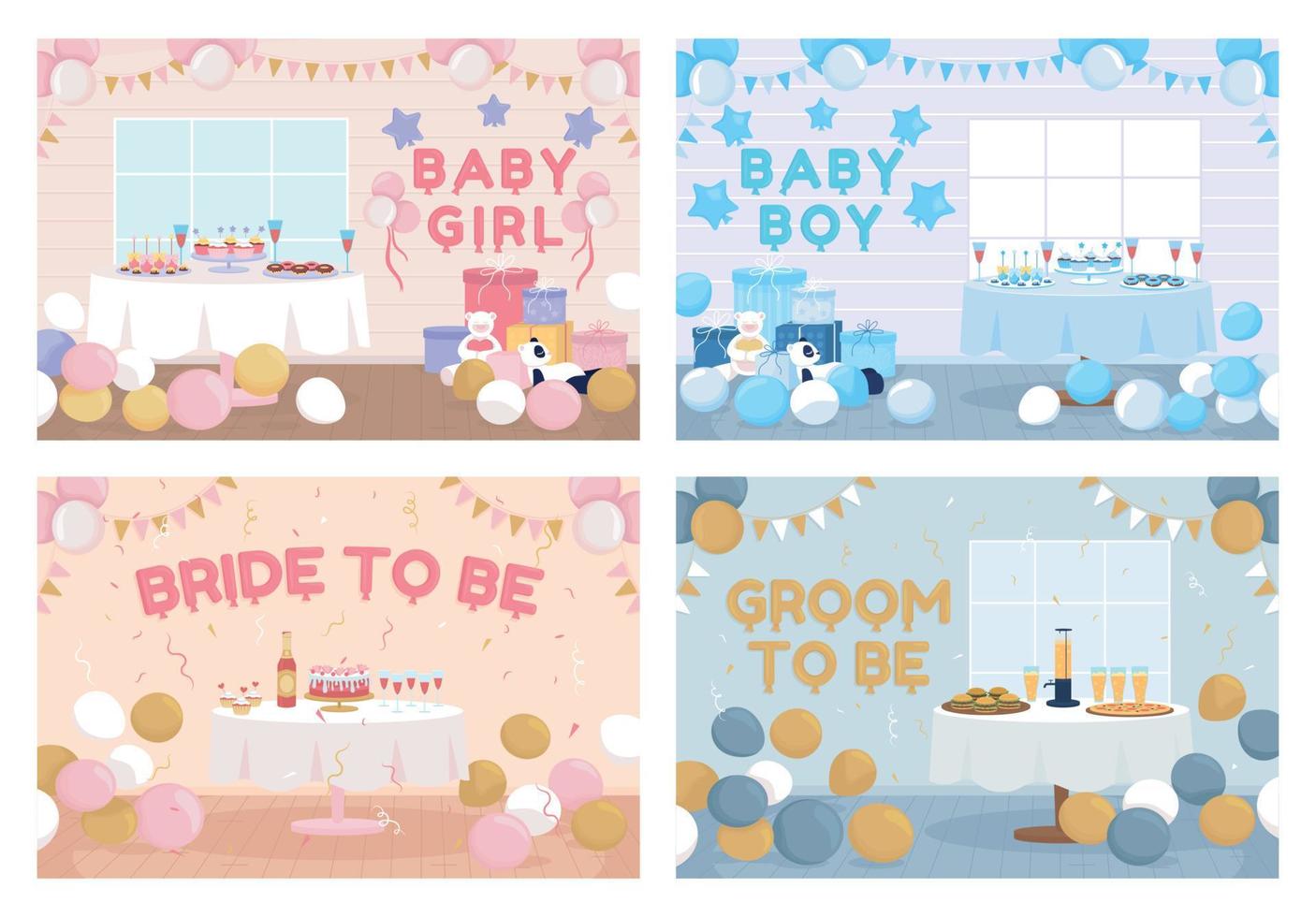 Home party decorations flat color vector illustration set