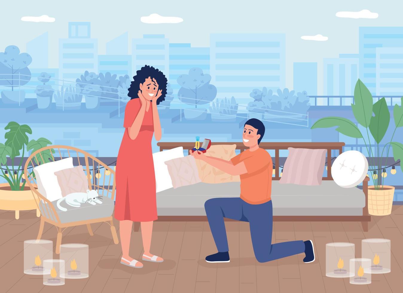 Couple on roof flat color vector illustration