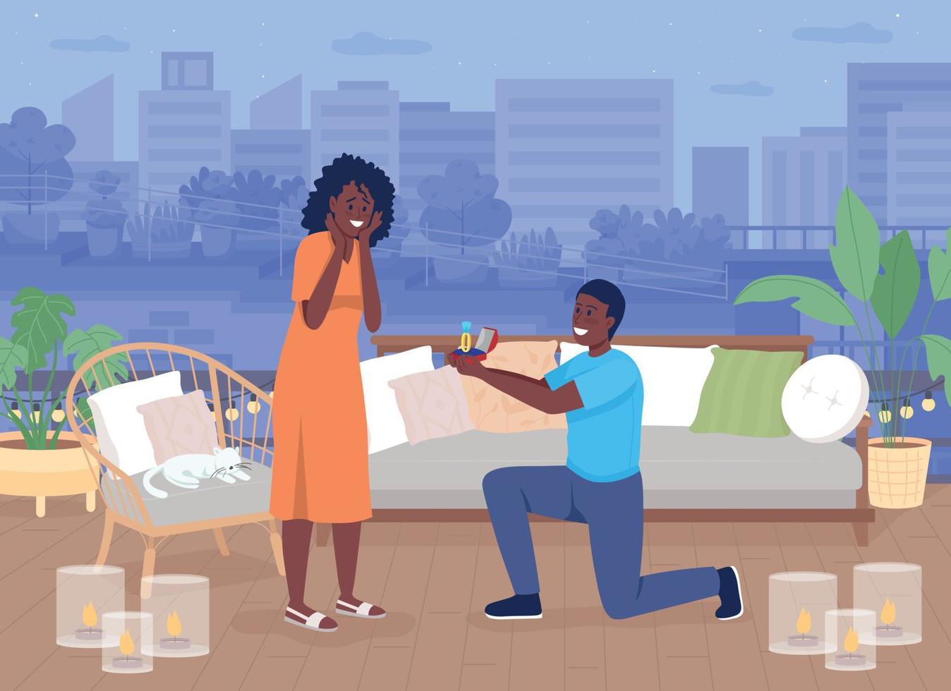 Loving couple on roof flat color vector illustration