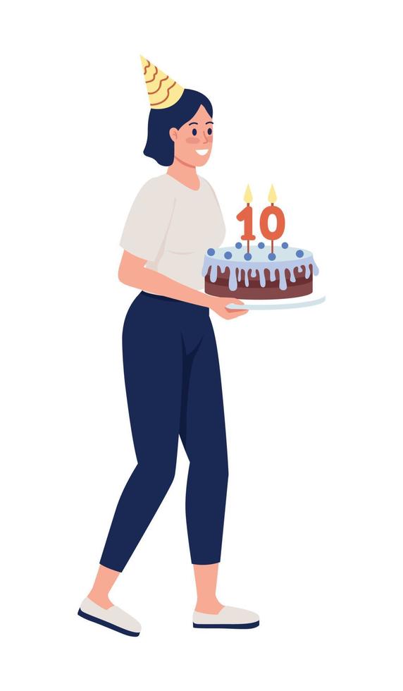 Lady with birthday cake semi flat color vector character