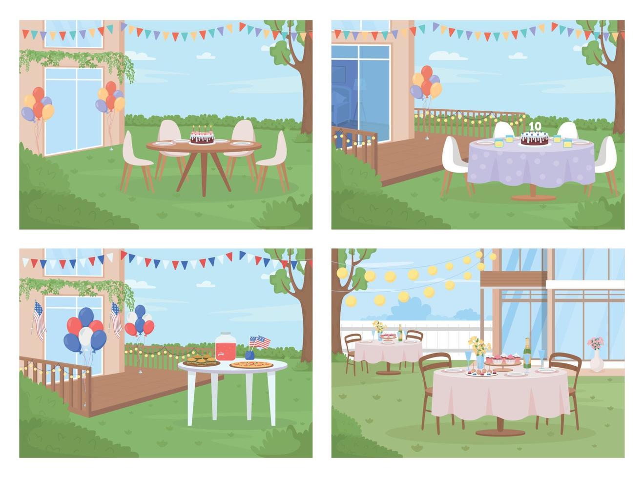 Backyard party arrangement flat color vector illustration set