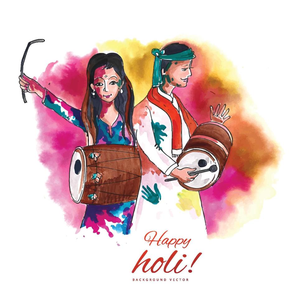 Hand draw fun characters celebrate colorful holi card background vector