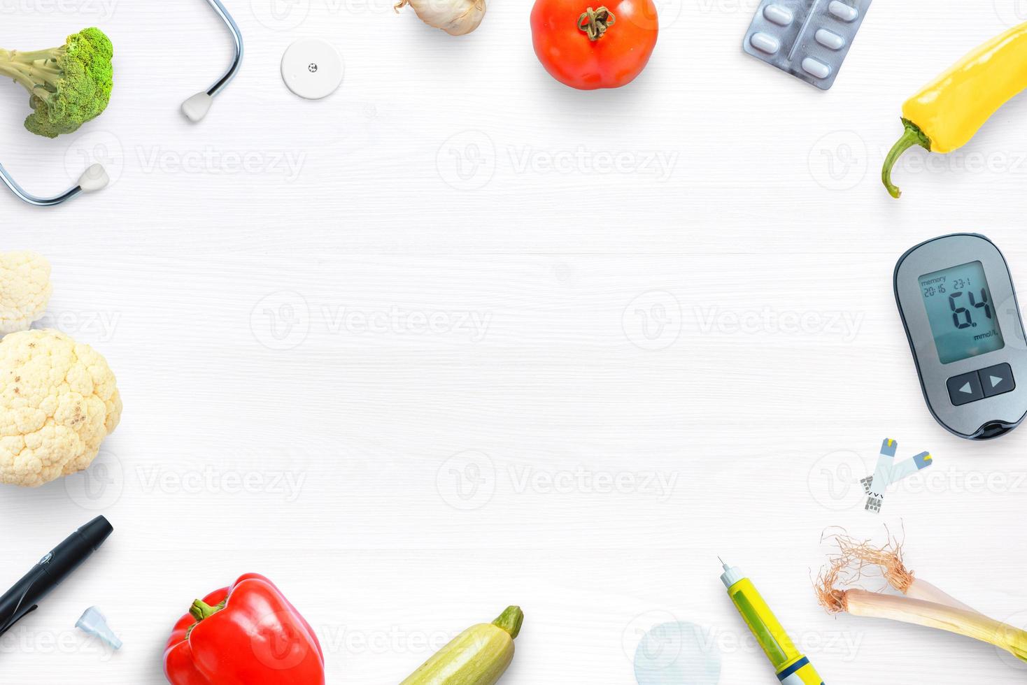 Diabetes composition with healthy food, and glucose measuring equipment on desk with copy space in the middle for text promotio photo