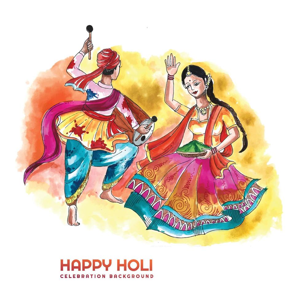 Beautiful couple playing festival of colors happy holi colorful background vector