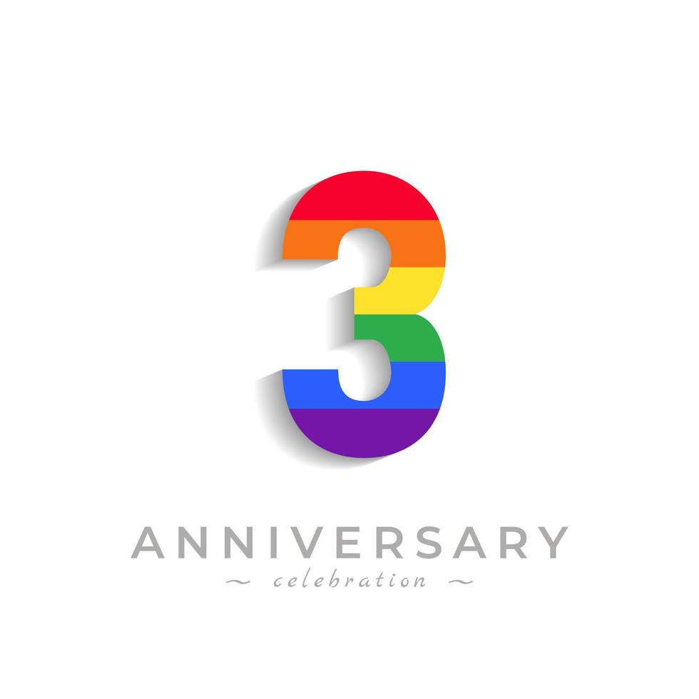 Celebración del aniversario de 3 años con el color del arco iris para el evento de celebración, la boda, la tarjeta de felicitación y la invitación aislada en el fondo blanco vector