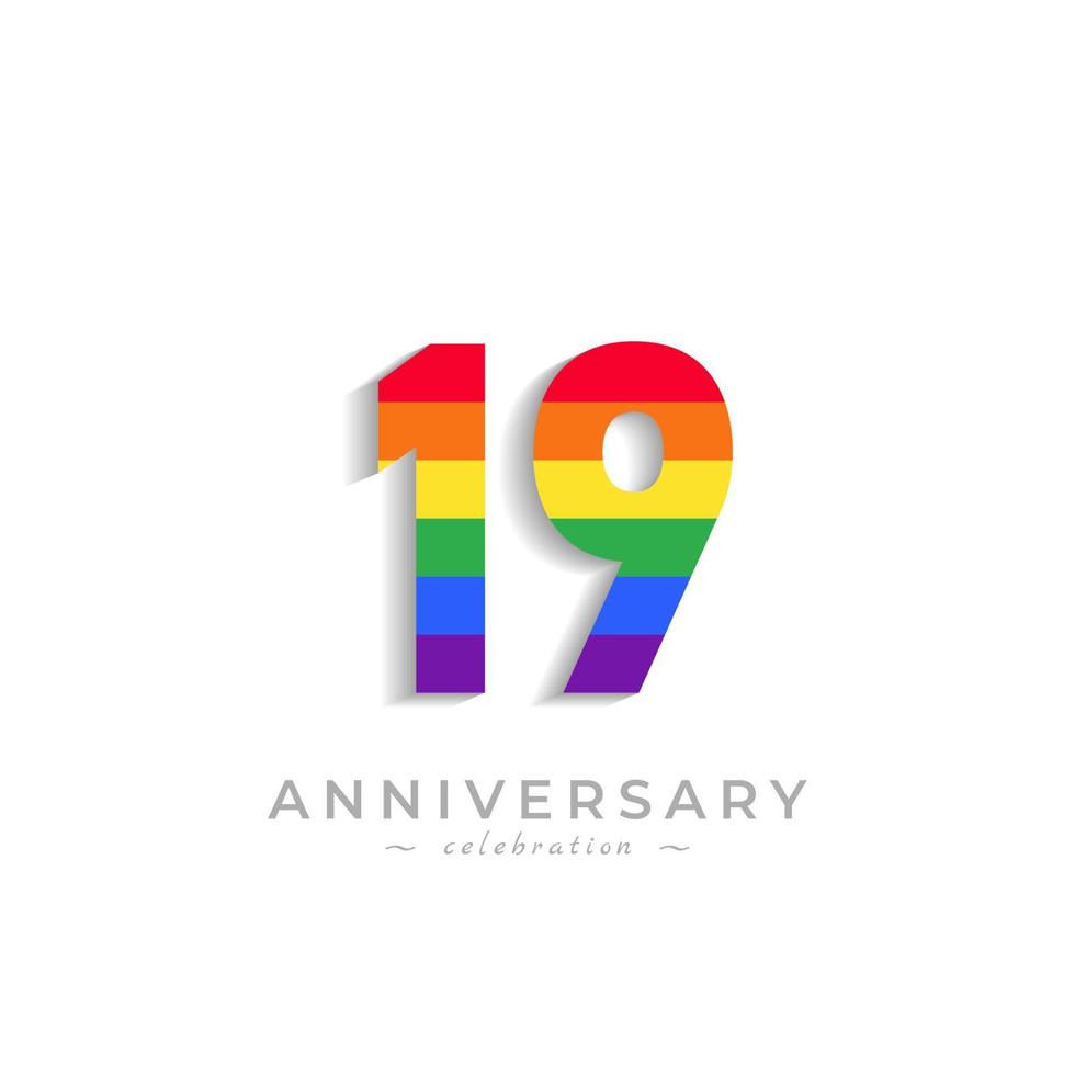 19 Year Anniversary Celebration with Rainbow Color for Celebration Event, Wedding, Greeting card, and Invitation Isolated on White Background vector