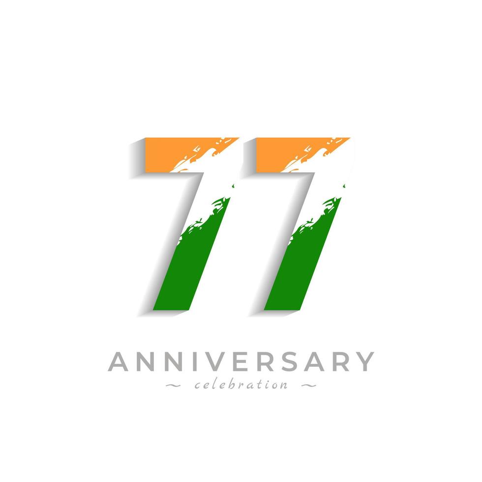 77 Year Anniversary Celebration with Brush White Slash in Yellow Saffron and Green Indian Flag Color. Happy Anniversary Greeting Celebrates Event Isolated on White Background vector