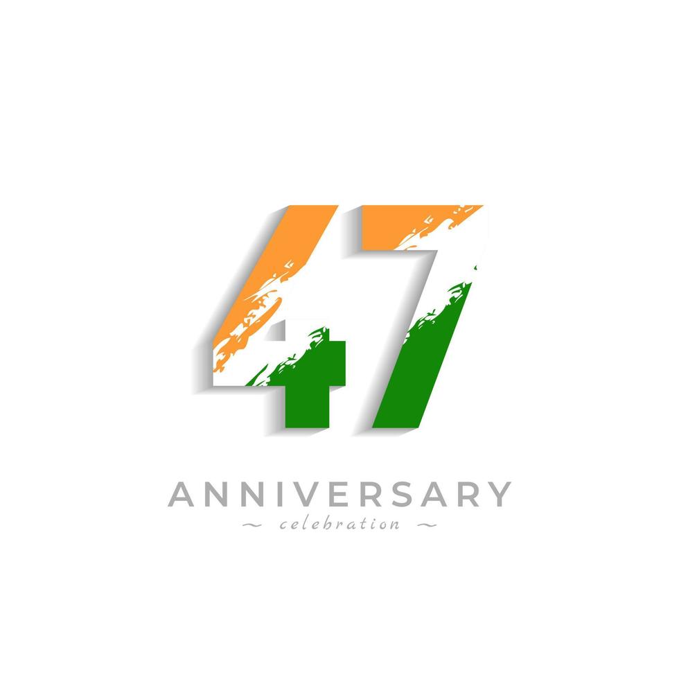 47 Year Anniversary Celebration with Brush White Slash in Yellow Saffron and Green Indian Flag Color. Happy Anniversary Greeting Celebrates Event Isolated on White Background vector
