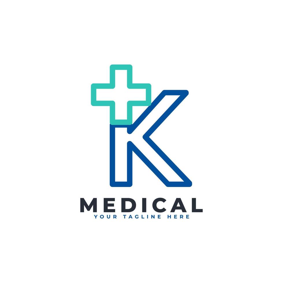 Letter K cross plus logo. Linear Style. Usable for Business, Science, Healthcare, Medical, Hospital and Nature Logos. vector