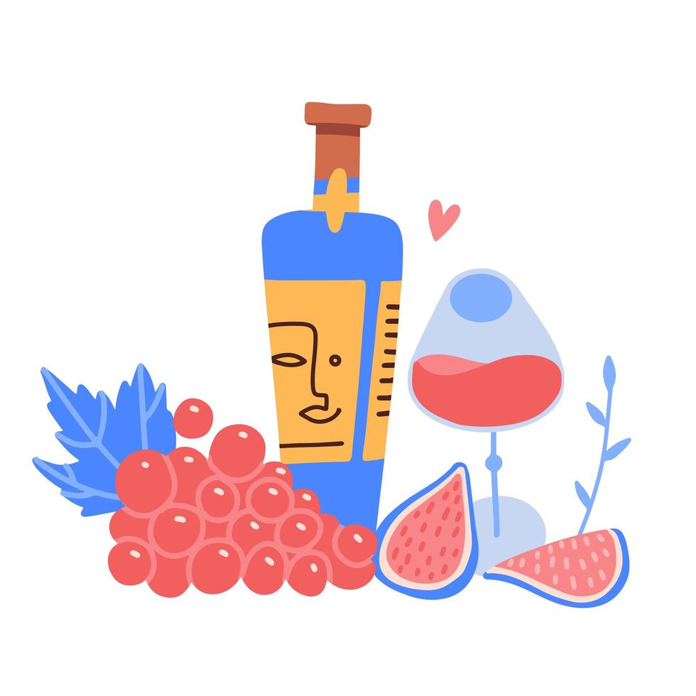 Wine Bottle and Glass with Alcoholic Drink Served with Fig and Grapes. Still-life composition. Flat Vector hand drawn Illustration