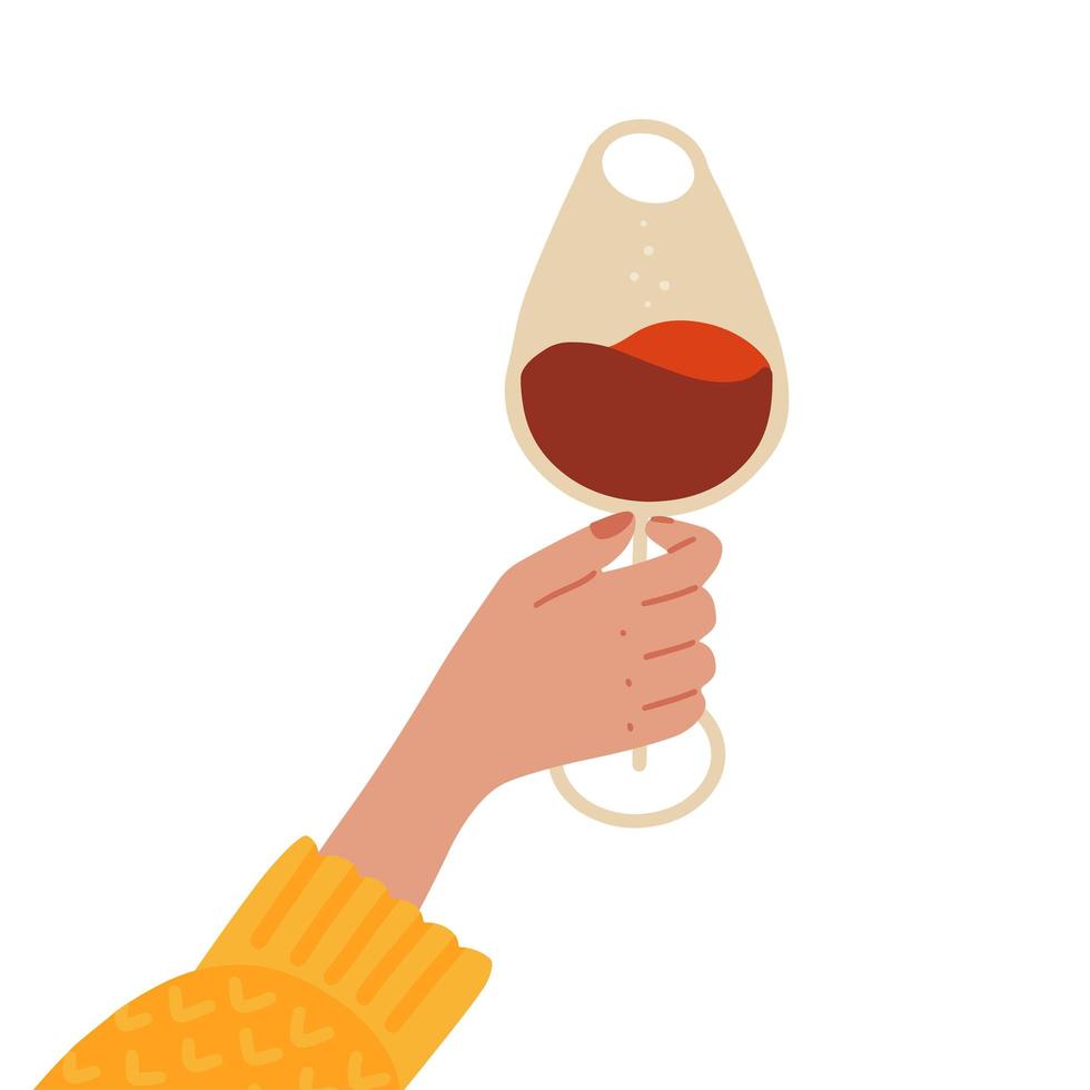 mano femenina sosteniendo un vaso con bebida de vino tinto en los dedos. ilustración vectorial dibujada a mano plana aislada. vector