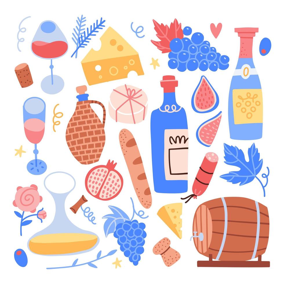 gran colección de elementos para beaujolais nouveau. fiesta del vino nuevo en francia. juego de vino y comida. ilustración dibujada a mano plana vectorial. vector