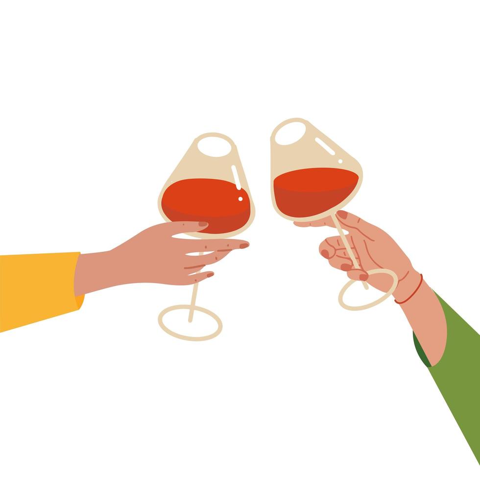 Two hands clinking cheers with a red wine glasses. female hands holding wineglasses. Women friendship. Vector flat hand drawn illustration