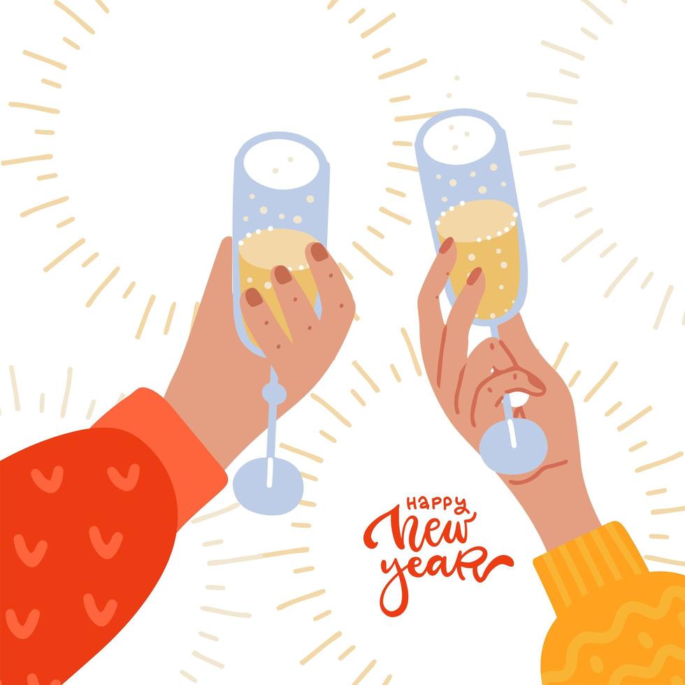 tiempo de fiesta de año nuevo con dos manos levantadas sosteniendo copas de champán, animando. fondo de evento de celebración de vacaciones de invierno con feliz año nuevo. ilustración de invitación plana vectorial moderna. vector