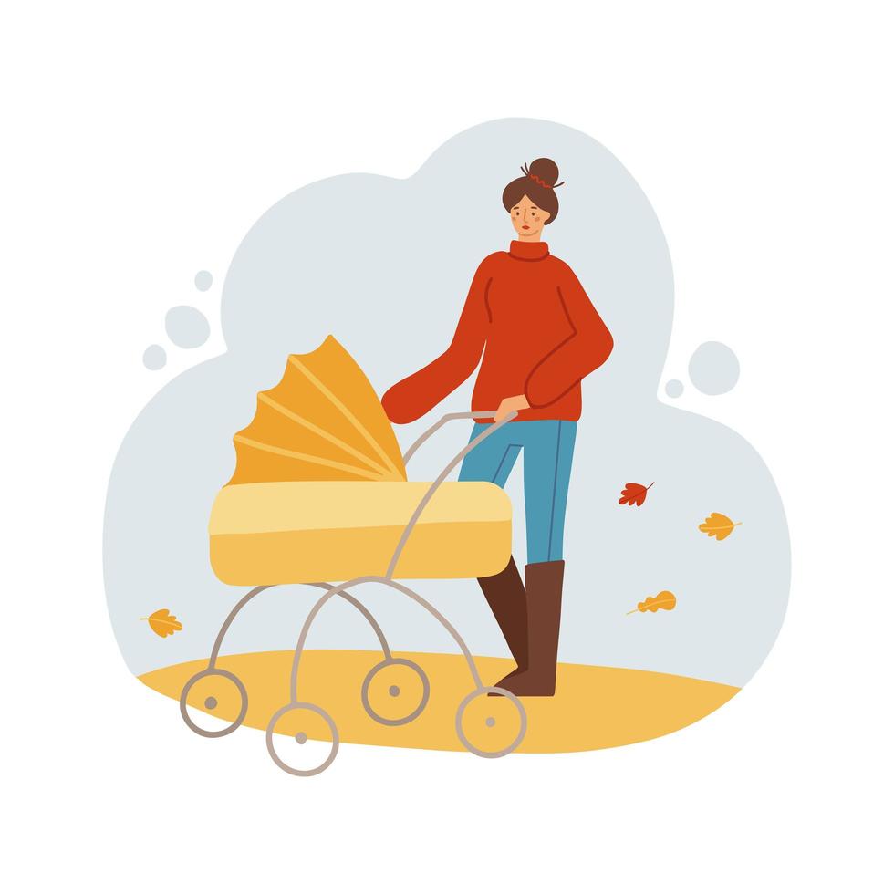Woman strolling with baby pram in autumn park. Mother taking care about her child in yellow carriage. Walking on fallen leaves. Fall weather casual clothes flal vector illustration