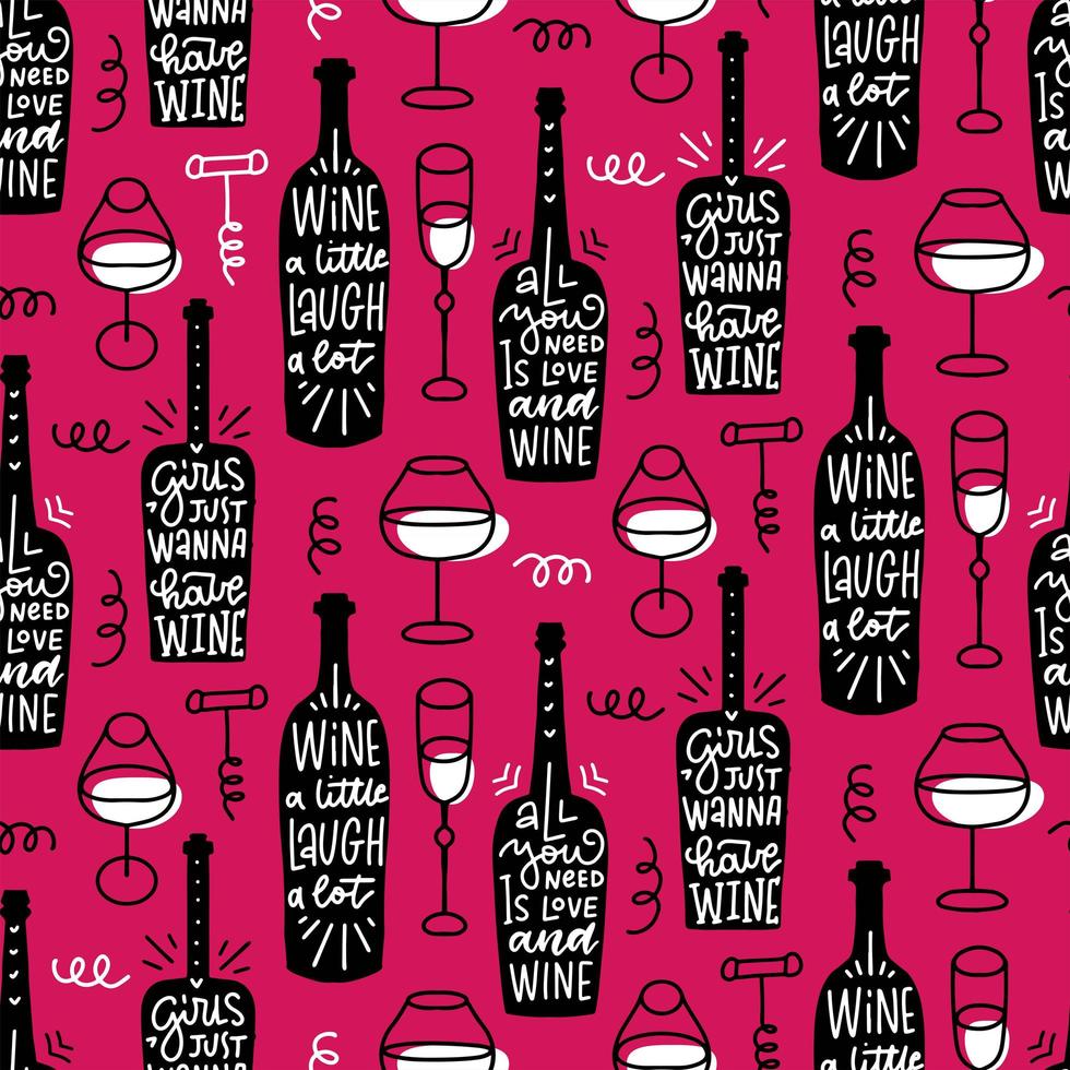 patrón creativo sin costuras con botella de vino, vasos, sacacorchos y letras de bebidas divertidas sobre fondo magenta. concepto para envolver papel, tarjetas. ilustración vectorial dibujada a mano en estilo garabato. vector