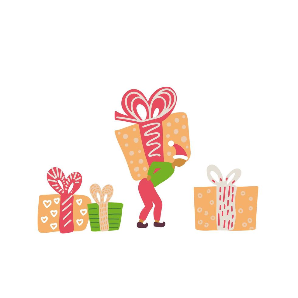 Little man carry gift huge boxes. Concept of a small character. Holiday delivery. Santa helper. Vector hand drawn doodle flat illustration.