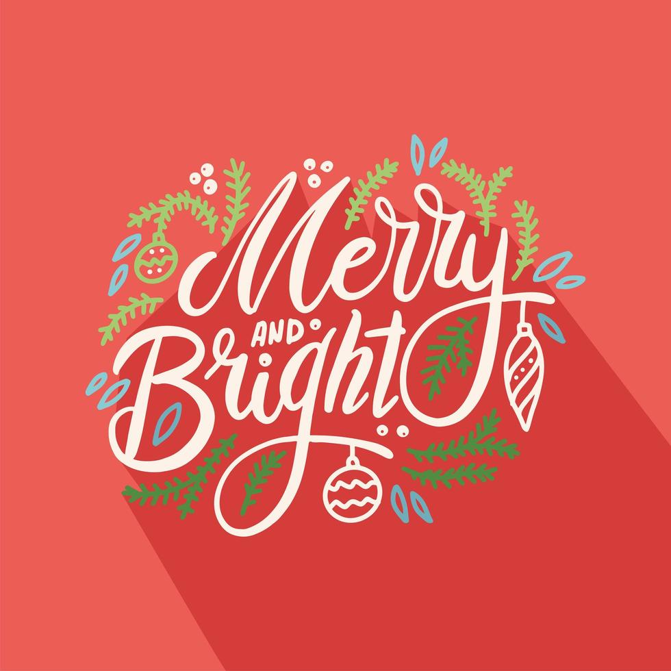 Christmas festive greeting card design. Fir tree branch with hanging decorative baubles and lettering composition. New Year holidays postcard with congratulation. vector